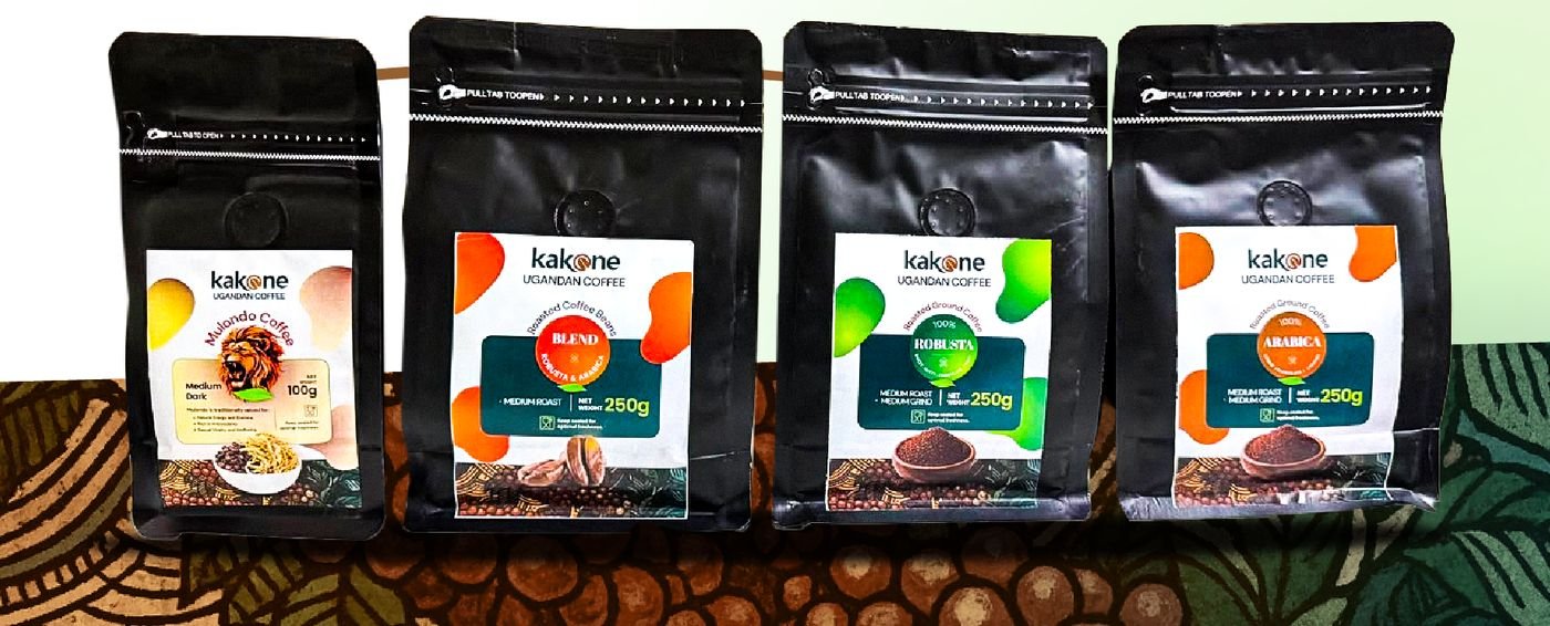 The four Kakone Coffee product lines: Mulondo, Blend, Robusta and Arabica
